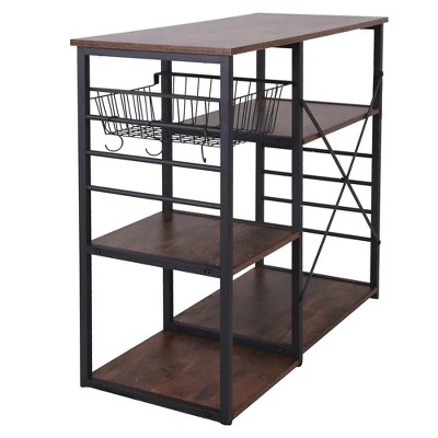 Wood And Metal Bakers Rack With 4 Shelves And Wire Basket Brown/Black - Benzara 5 Wood And Metal Bakers Rack With 4 Shelves And Wire Basket Brown/Black - Benzara - Image 3