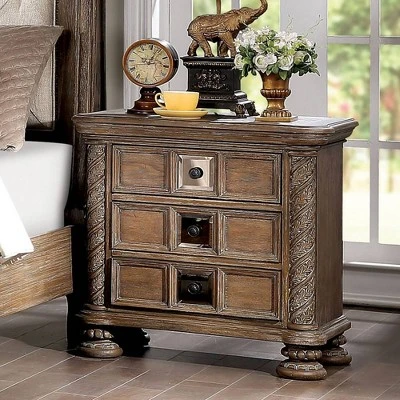 Lellen 3 Drawer Carved Details Nightstand Rustic Natural Tone - HOMES: Inside + Out 3 Lellen 3 Drawer Carved Details Nightstand Rustic Natural Tone - HOMES: Inside + Out