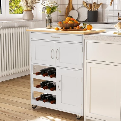 HOMCOM Bar Cart Rolling Kitchen Island On Wheels With 9-Bottle Wine Rack, Small Kitchen Cart Kitchen Storage Cabinets, Wooden Countertop, White 3 HOMCOM Bar Cart Rolling Kitchen Island On Wheels With 9-Bottle Wine Rack, Small Kitchen Cart Kitchen Storage Cabinets, Wooden Countertop, White