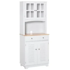 HOMCOM 67" Modern Buffet With Hutch, Louvered Kitchen Pantry Microwave Cabinet With Framed Glass Doors And 2 Drawers, White -Furniture Hotsale Shop GUEST 222e08ab 4f68 4c38 97c6 37c8d6b86790
