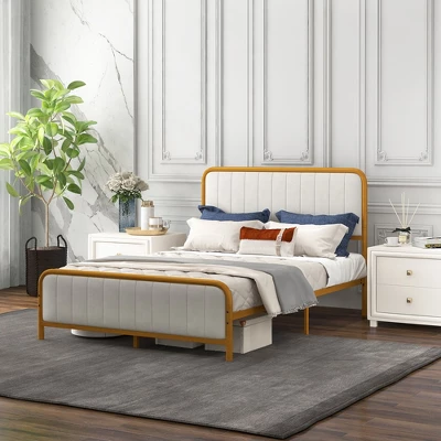 Costway Full Gold Metal Bed Frame Upholstered Platform Bed With Velvet Headboard 6 Costway Full Gold Metal Bed Frame Upholstered Platform Bed With Velvet Headboard - Image 4