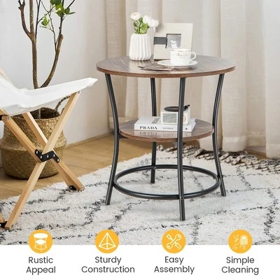 Costway 2 PCS 2-Tier Sofa Side End Table Round Nightstand With Sturdy Metal Frame Brown/Oak 6 Costway 2 PCS 2-Tier Sofa Side End Table Round Nightstand With Sturdy Metal Frame Brown/Oak - Image 4