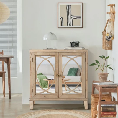 Jamie 31.5" W 2 Mirrored Doors Multi-functional Retro Style Wooden Storage Cabinets With 1 Adjustable Inner Shelf And Pine Legs-Maison Boucle 10 Jamie 31.5" W 2 Mirrored Doors Multi-functional Retro Style Wooden Storage Cabinets With 1 Adjustable Inner Shelf And Pine Legs-Maison Boucle - Image 8