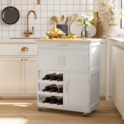 HOMCOM Bar Cart Rolling Kitchen Island On Wheels With 9-Bottle Wine Rack, Small Kitchen Cart Kitchen Storage Cabinets, Wooden Countertop, White 4 HOMCOM Bar Cart Rolling Kitchen Island On Wheels With 9-Bottle Wine Rack, Small Kitchen Cart Kitchen Storage Cabinets, Wooden Countertop, White - Image 2
