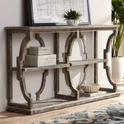 Crestview Collection Farmhouse Rustic Chestnut Wood Console Table 64" X 15" With Bookshelf Brown Antique White Wash 3-Tier For Living Room Entryway