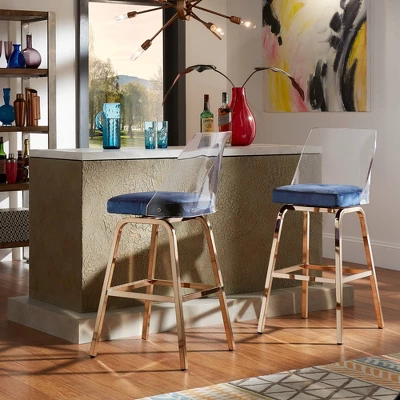 Set Of 2 29" Svana Champagne Gold Finish Velvet Barstools Navy - Inspire Q 3 Set Of 2 29" Svana Champagne Gold Finish Velvet Barstools Navy - Inspire Q