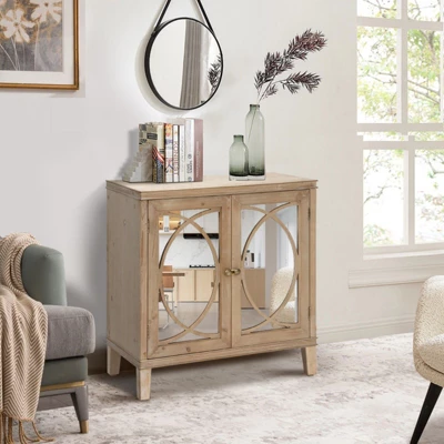 Jamie 31.5" W 2 Mirrored Doors Multi-functional Retro Style Wooden Storage Cabinets With 1 Adjustable Inner Shelf And Pine Legs-Maison Boucle 3 Jamie 31.5" W 2 Mirrored Doors Multi-functional Retro Style Wooden Storage Cabinets With 1 Adjustable Inner Shelf And Pine Legs-Maison Boucle