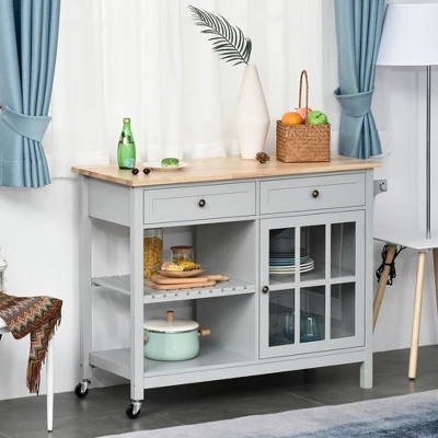 HOMCOM Kitchen Island Utility Storage Trolley Cart With Rubber Wood Top, Towel Rack, 2 Cabinets & Drawers For Dining Room 3 HOMCOM Kitchen Island Utility Storage Trolley Cart With Rubber Wood Top, Towel Rack, 2 Cabinets & Drawers For Dining Room