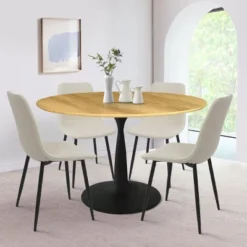 Harrison+Bingo 5-Piece Round-Shaped Wood Grain Dining Table Set With 4 Upholstered Chairs Black Legs-Maison Boucle -Furniture Hotsale Shop GUEST 3858bf54 661c 4228 9525 a6edd633dcb7