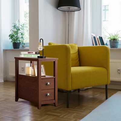 Tangkula 2-Piece Retro Side End Table Rectangular Nightstand With 2 Drawers & Shelf Coffee/Brown 3 Tangkula 2-Piece Retro Side End Table Rectangular Nightstand With 2 Drawers & Shelf Coffee/Brown