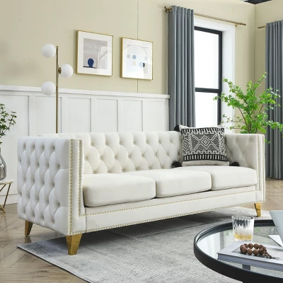 Living Room Modern Velvet Sofa With Button Tufted Square Arms And Metal Legs - ModernLuxe 15 Living Room Modern Velvet Sofa With Button Tufted Square Arms And Metal Legs - ModernLuxe - Image 13