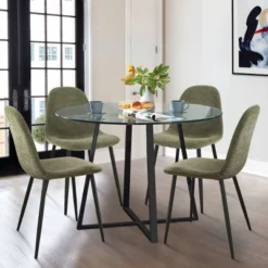 Hana + Spoon 5-Piece Round Clear Glass Dining Table Set With 4 Upholstered Chairs Black Legs For Home Kitchen Restaurant -The Pop Maison -Furniture Hotsale Shop GUEST 4533a0d7 b53f 4a6d 9482 249426521e83