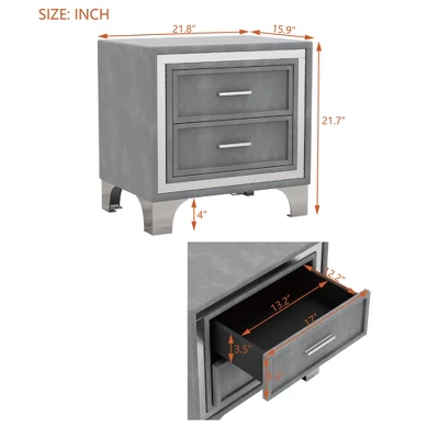 Mid Century Nightstand With 2 Drawers, Velvet Bedside Table With Metal Legs-ModernLuxe 4 Mid Century Nightstand With 2 Drawers, Velvet Bedside Table With Metal Legs-ModernLuxe - Image 2