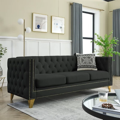 Living Room Modern Velvet Sofa With Button Tufted Square Arms And Metal Legs - ModernLuxe 17 Living Room Modern Velvet Sofa With Button Tufted Square Arms And Metal Legs - ModernLuxe - Image 15