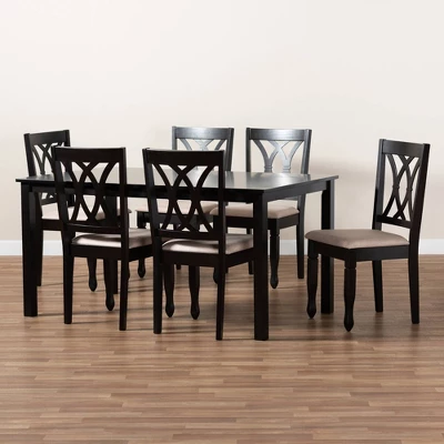 7pc Reneau Upholstered Wood Dining Set Sand Brown/Espresso - Baxton Studio 8 7pc Reneau Upholstered Wood Dining Set Sand Brown/Espresso - Baxton Studio - Image 6