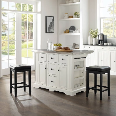 Julia Stainless Steel Top Island With Upholstered Square Stools White/Black - Crosley 3 Julia Stainless Steel Top Island With Upholstered Square Stools White/Black - Crosley
