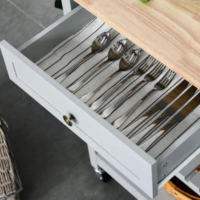 HOMCOM Kitchen Island Utility Storage Trolley Cart With Rubber Wood Top, Towel Rack, 2 Cabinets & Drawers For Dining Room 6 HOMCOM Kitchen Island Utility Storage Trolley Cart With Rubber Wood Top, Towel Rack, 2 Cabinets & Drawers For Dining Room - Image 4