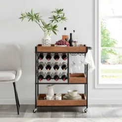 12 Bottles Rustic Walnut Wood And Metal Rolling Farmhouse Style Bar Cart Brown/Black - Danya B. -Furniture Hotsale Shop GUEST 512bb23c d953 4ead 8f4d 4411024c18b5