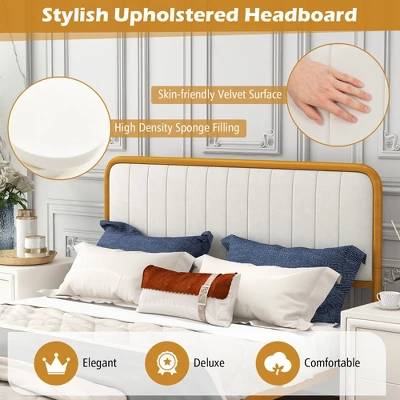 Costway Full Gold Metal Bed Frame Upholstered Platform Bed With Velvet Headboard 8 Costway Full Gold Metal Bed Frame Upholstered Platform Bed With Velvet Headboard - Image 6