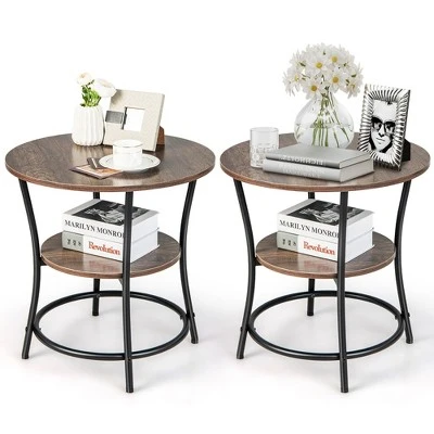Costway 2 PCS 2-Tier Sofa Side End Table Round Nightstand With Sturdy Metal Frame Brown/Oak 13 Costway 2 PCS 2-Tier Sofa Side End Table Round Nightstand With Sturdy Metal Frame Brown/Oak - Image 11