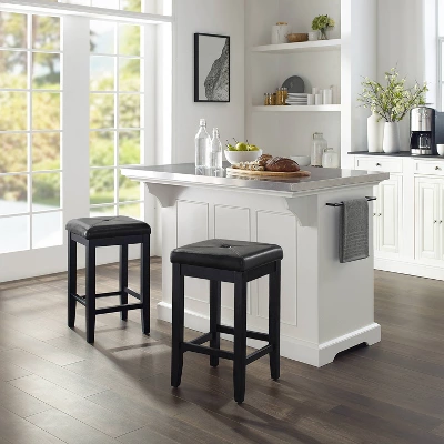 Julia Stainless Steel Top Island With Upholstered Square Stools White/Black - Crosley 4 Julia Stainless Steel Top Island With Upholstered Square Stools White/Black - Crosley - Image 2