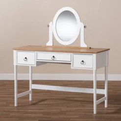 3 Drawer Sylvie Wood Vanity Table With Mirror White - Baxton Studio -Furniture Hotsale Shop GUEST 611137f9 0406 451d 8c4b b1a020e59ce0