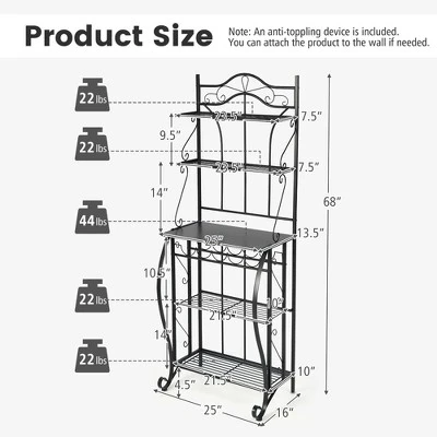 Costway 5-Tier Metal Kitchen Bakers Rack Microwave Storage Rack Oven Stand With Wine Organizer 5 Costway 5-Tier Metal Kitchen Bakers Rack Microwave Storage Rack Oven Stand With Wine Organizer - Image 3