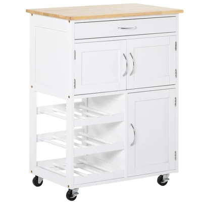 HOMCOM Bar Cart Rolling Kitchen Island On Wheels With 9-Bottle Wine Rack, Small Kitchen Cart Kitchen Storage Cabinets, Wooden Countertop, White 5 HOMCOM Bar Cart Rolling Kitchen Island On Wheels With 9-Bottle Wine Rack, Small Kitchen Cart Kitchen Storage Cabinets, Wooden Countertop, White - Image 3