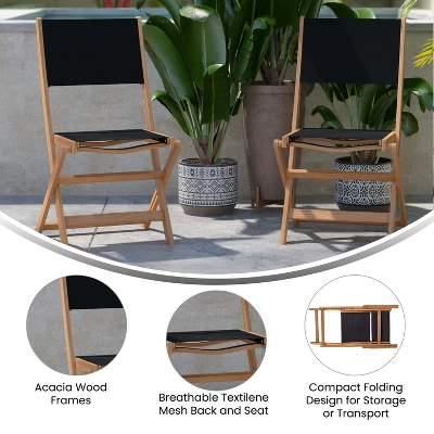 Emma And Oliver Set Of Two Weather Resistant All Natural Acacia Wood Folding Bistro Chairs With Textilene Mesh Seats And Backs 5 Emma And Oliver Set Of Two Weather Resistant All Natural Acacia Wood Folding Bistro Chairs With Textilene Mesh Seats And Backs - Image 3