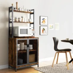 Furniture Hotsale Shop 14 HOMCOM Kitchen Bakers Rack, Microwave Stand, Coffee Bar With Adjustable Shelves, 4 Hooks For Spices, Pots And Pans, Rustic Brown