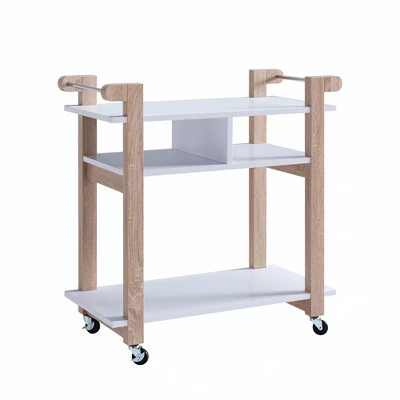 FC Design Two Toned Kitchen Cart With Two Handle Bar Rolling Serving Utility Cart In White & Weathered White Finish 4 FC Design Two Toned Kitchen Cart With Two Handle Bar Rolling Serving Utility Cart In White & Weathered White Finish - Image 2