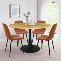 Harrison+Bingo 5-Piece Round-Shaped Wood Grain Dining Table Set With 4 Upholstered Chairs Black Legs-Maison Boucle -Furniture Hotsale Shop GUEST 775e92b3 dcbb 4a15 adc8 352259477c53