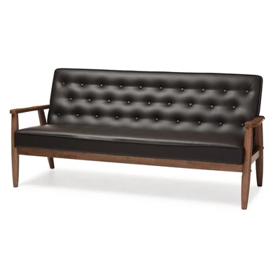 Sorrento Mid-Century Retro Modern Faux Leather Upholstered Wooden 3 Seater Sofa - Baxton Studio 8 Sorrento Mid-Century Retro Modern Faux Leather Upholstered Wooden 3 Seater Sofa - Baxton Studio - Image 6