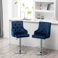 Better Home Products Monroe Velvet Tufted Adjustable Swivel Bar Stool Set Blue