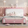 Full/Twin Size Upholstered Rabbit-Shape Princess Platform Bed, White+Pink-ModernLuxe