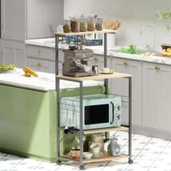 Bestier 4 Tier Shelves Portable Utility Kitchen Storage Baker's Rack Organizer Cart Stand With Adjustable Wheels And Side Hooks, 49 Inch, Oak -Furniture Hotsale Shop GUEST 813e332a dd06 41fd 85ac 9c39ccb6bbe5