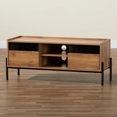 Tasman Wood And Metal 2 Door TV Stand For TVs Up To 45" Natural Brown/Black - Baxton Studio 10 Tasman Wood And Metal 2 Door TV Stand For TVs Up To 45" Natural Brown/Black - Baxton Studio - Image 8