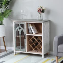LuxenHome Distressed White And Gray Wood 1-Door Storage Wine Cabinet -Furniture Hotsale Shop GUEST 847197c5 d326 4e72 bfe0 fc43289f5d62
