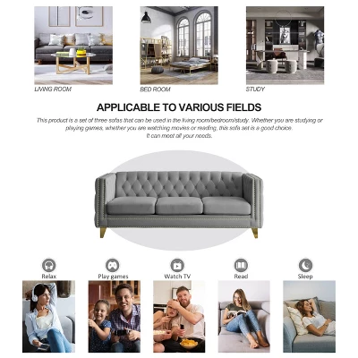 Living Room Modern Velvet Sofa With Button Tufted Square Arms And Metal Legs - ModernLuxe 9 Living Room Modern Velvet Sofa With Button Tufted Square Arms And Metal Legs - ModernLuxe - Image 7