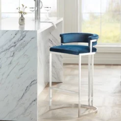 Studio 55D Polished Stainless Steel Bar Stool 31" High Modern Blue With Backrest Footrest For Kitchen Counter Height Island
