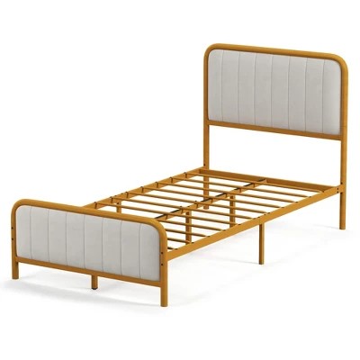 Costway Full Gold Metal Bed Frame Upholstered Platform Bed With Velvet Headboard 15 Costway Full Gold Metal Bed Frame Upholstered Platform Bed With Velvet Headboard - Image 13
