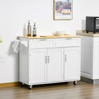 HOMCOM 48" Modern Kitchen Island Cart On Wheels With Storage Drawers, Rolling Utility Cart With Adjustable Shelves, Cabinets And Towel Rack 4 HOMCOM 48" Modern Kitchen Island Cart On Wheels With Storage Drawers, Rolling Utility Cart With Adjustable Shelves, Cabinets And Towel Rack - Image 2