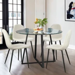 Hana + Spoon 5-Piece Round Clear Glass Dining Table Set With 4 Upholstered Chairs Black Legs For Home Kitchen Restaurant -The Pop Maison -Furniture Hotsale Shop GUEST 93954588 a0d2 43d2 b97c 64d9ef7cdfbf