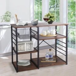 Wood And Metal Bakers Rack With 4 Shelves And Wire Basket Brown/Black - Benzara 16 Wood And Metal Bakers Rack With 4 Shelves And Wire Basket Brown/Black - Benzara -Furniture Hotsale Shop GUEST 95eb2ce4 d59f 45a6 85a9 d9cb36f56ba4