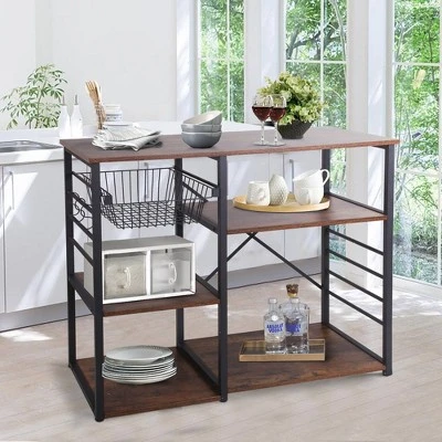 Wood And Metal Bakers Rack With 4 Shelves And Wire Basket Brown/Black - Benzara 9 Wood And Metal Bakers Rack With 4 Shelves And Wire Basket Brown/Black - Benzara - Image 7