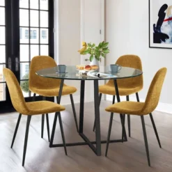 Hana + Spoon 5-Piece Round Clear Glass Dining Table Set With 4 Upholstered Chairs Black Legs For Home Kitchen Restaurant -The Pop Maison -Furniture Hotsale Shop GUEST 9afa67cd 3330 4f1d 9ab5 e5d84caedde6