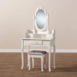 2pc Veronique White Finished Wood Vanity Table With Mirror And Ottoman White - Baxton Studio -Furniture Hotsale Shop GUEST 9de0152d 3774 4a54 9546 3c1b96daaf3d
