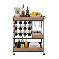 12 Bottles Rustic Walnut Wood And Metal Rolling Farmhouse Style Bar Cart Brown/Black - Danya B. -Furniture Hotsale Shop GUEST a0923b20 66ef 40f3 b0e5 476f51174c68