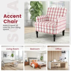 Tangkula Modern Accent Armchair Upholstered Single Sofa Chair W/ Rubber Wood Legs Red Checkerboard -Furniture Hotsale Shop GUEST a352f1e5 7903 47ed a096 5674539fd85e