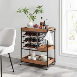 12 Bottles Rustic Walnut Wood And Metal Rolling Farmhouse Style Bar Cart Brown/Black - Danya B. -Furniture Hotsale Shop GUEST aa6ae2b2 066a 4b84 9f34 b24e7c2b90e6